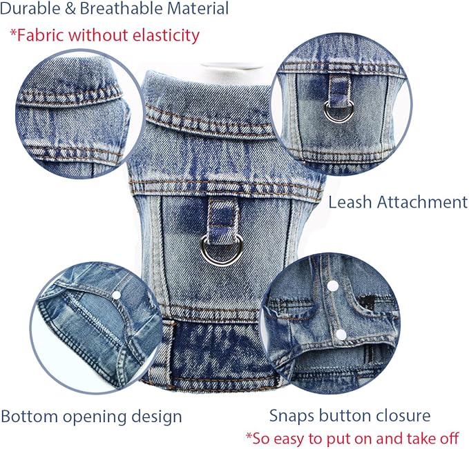 Puppy Clothes for Small Dogs Boy,Classic Western Denim Dog Coat,Dog Jeans Jacket with Leash D-Ring,Pet Cat Costumes,Cooling Harness Vest for Walking (Blue, XX-Large)