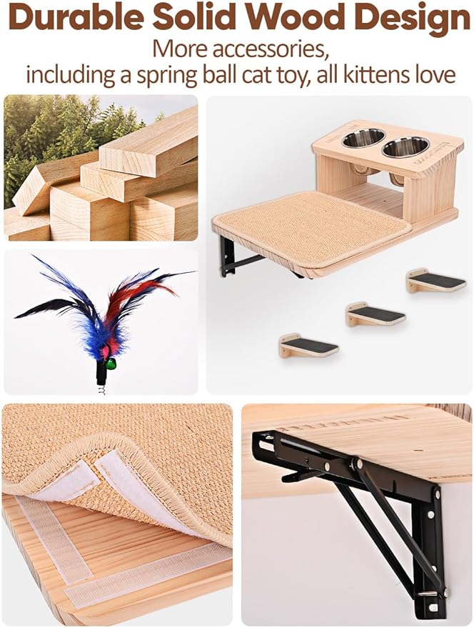 Cat Wall Shelves with 3 Cimbing Steps Wall-Mounted Cat Shelf Dogproof Feeding Bowls Station Cats Hammock and Perches for Wall Furniture Set Climber Scratching Post