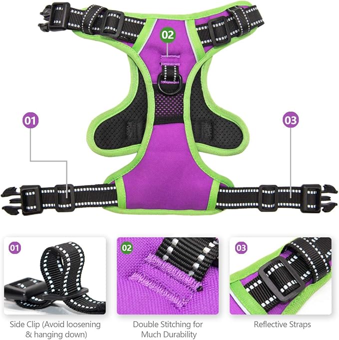 PHOEPET 2019 No Pull Dog Harnesses for Small Dogs Reflective Adjustable Front Clip Vest with Handle 2 Metal Rings 3 Buckles [Easy to Put on & Take Off](XS, Purple)