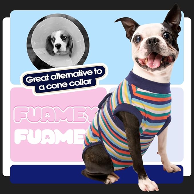 FUAMEY Recovery Suit for Dogs After Surgery,Soft Breathable Dog Bodysuit E-Collar & Cone Alternative Surgical Suit,Male Female Dog Neuter Spay Suits Anti Licking Wounds Onesie Dark Blue Stripes XS
