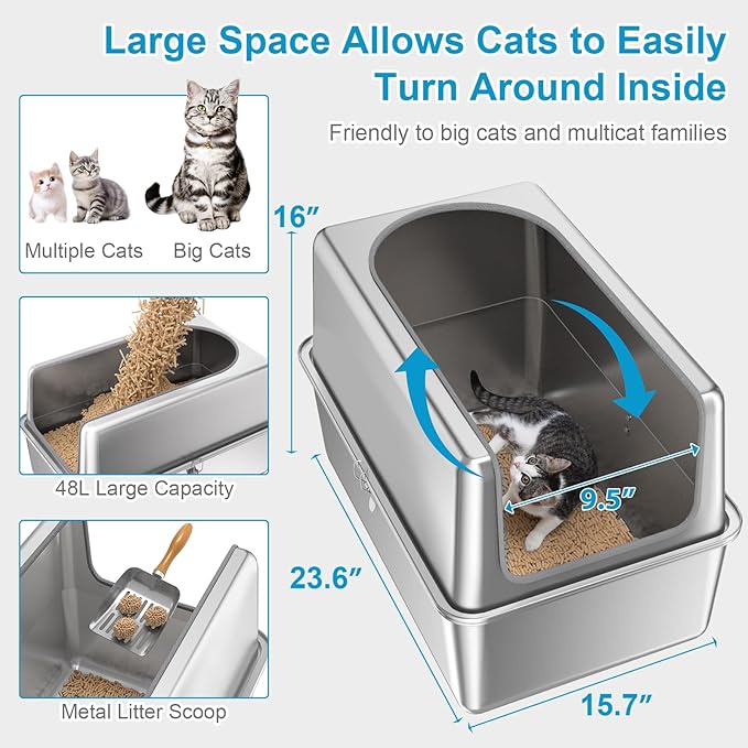 16'' High Sides XXXL All Stainless Steel Cat Litter Box with Lid,8'' Deep Metal Litter Box for Big Cats,Extra Large Litter Boxes with High Wall Enclosure,Anti-Leakage,Never Absorbs Odors,Non-Sticky