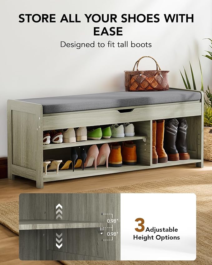 Amada Shoe Bench, Entryway Bench with Cushioned Seat & Lift Top Storage, 3 Doors, Adjustable Shelf, 300 lbs Capacity, Storage Bench with Shoe Rack for Entryway, Bedroom, Living Room, Gray