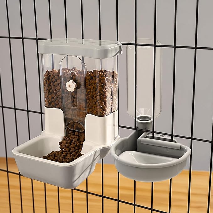 Automatic Pet Food Water Dispenser, Auto Gravity Pet Feeder Water Bottle Set for Crate, Feeding Station for Small Dog Cat Rabbit Guinea Pigs Chinchilla Ferret Hedgehog (Gray)