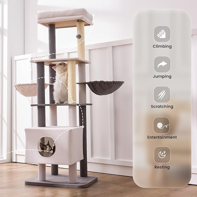 Gardner Pet 65in Heavy Duty Cat Tree Tower for Large Cats, Multi-Level Cat Furniture with Replaceable Sisal Scratching Post, Hammock | Extra-Large Platform & Condo Easy to Clean (Corduroy)