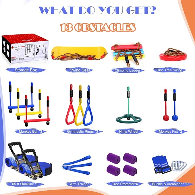 2x65 FT Ninja Warrior Obstacle Course for Kids with 13 Ninja Accessories - 600lbs Weight Capacity, Slackline with Swing Seat, Disc Swing, Ninja Wheel, Rope Ladder, Monkey Bar, Ninja Ring, Arm Trainer