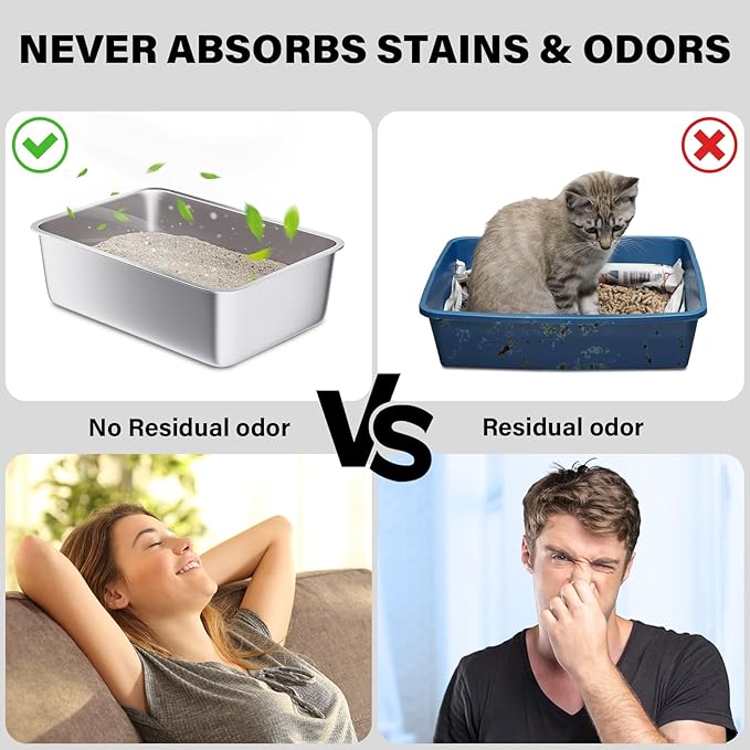 Stainless Steel Litter Box -Metal Litter Box for Big Cats,Large Stainless Steel Cat Box Easy to Clean, Cat LitterBox Pet Toilet-High Sided for Kitten,Kitty,Rabbits,Non Stick, No Smell
