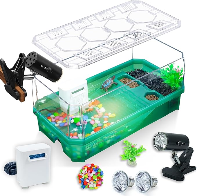 Aquatic Turtle Tank Habitat Kit Stone+Filter+Heat Lamp Enhancing Interaction with 360° Viewing, Standalone Filtration, DIY Creative Zone, Enriched Living (Green, Medium[with Light])