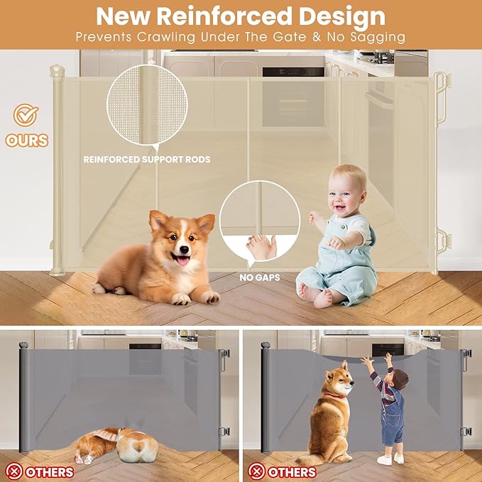 Reinforced Retractable Baby Gate or Mesh Dog Gate,Easy to Use for Stairs, Doorways, Hallways, Indoor, Outdoor, Wide Pet Gate 33.5" Tall, Extends to 55" Wide, Cream