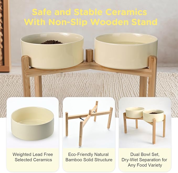 SPUNKYJUNKY Elevated Dog Bowls Ceramic, 8.3'' Dogs Food Water Bowls Raised with Non-Slip Bamboo Stand for Large Sized Breed Microwave Dishwasher Safe - 60 OZ,Beige