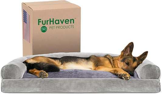 Furhaven Pillow Dog Bed for Large Dogs w/ Removable Bolsters & Washable Cover - Faux Fur & Velvet Sofa - Smoke Gray, Jumbo/XL