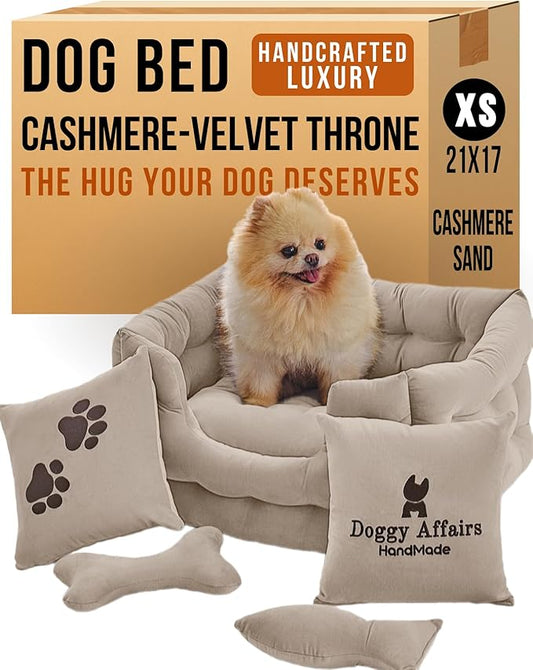 Luxury Dog Bed Chesterfield – Handcrafted Velvet Throne for Dogs | Joint Support, Calming & Temp-Regulating Comfort | Durable 5+ Years, Anti-Claw, Washable 100+ Times –Ivory, Size: XS