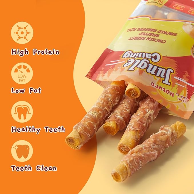 Jungle Calling Dog Treats Smoked Chicken Wrapped Rawhide Rolls, High Protein Dog Chews, Rawhide Chews for Medium and Large Dogs, 10.6 Oz
