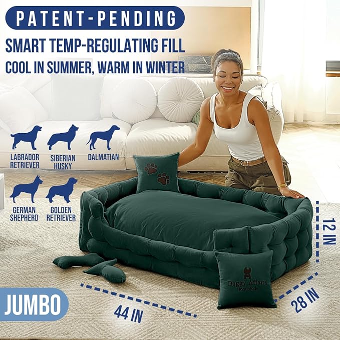 Luxury Dog Bed Chesterfield – Handcrafted Velvet Throne for Dogs | Joint Support, Calming & Temp-Regulating Comfort | Durable 5+ Years, Anti-Claw, Washable 100+ Times – XL, Green
