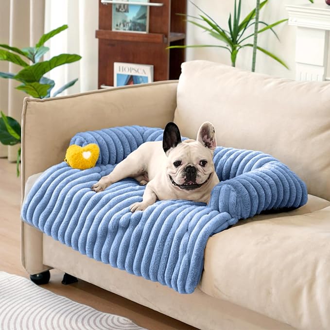FUNNY FUZZY Pet Couch Cover for Sofa, Calming Dog Bed for Couch, Fluffy Plush Dog Couch Mat for Furniture Protector for Medium Dogs and Cats, 33×28 in, Blue