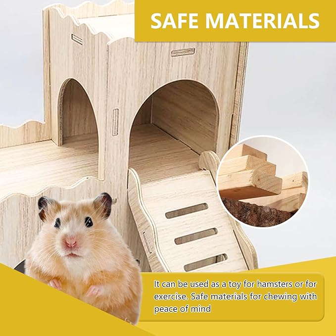 Large Wooden Hamster House Castle with Double Decker,Large Hamster, Wooden Hamster Houses,Dwarf Hamster Habitat Hideout with Climbing Ladder,Large Guinea Pig Castle Detachable Hideouts(D)