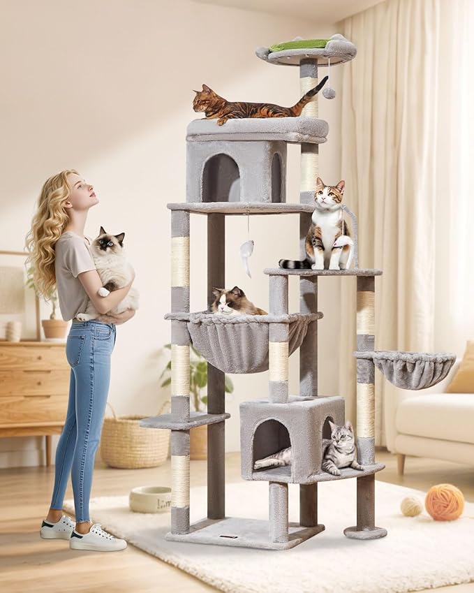Taoqimiao 83In Heavy Duty Cat Tree, Suitable 20lb+ Large Cats, XXL-Cat Tower for Indoor Cats Large Adult, 2 Luxurious Cat Cando with 8 Scratching Posts,Oversized Metal Hammocks, Light Gray MS032W
