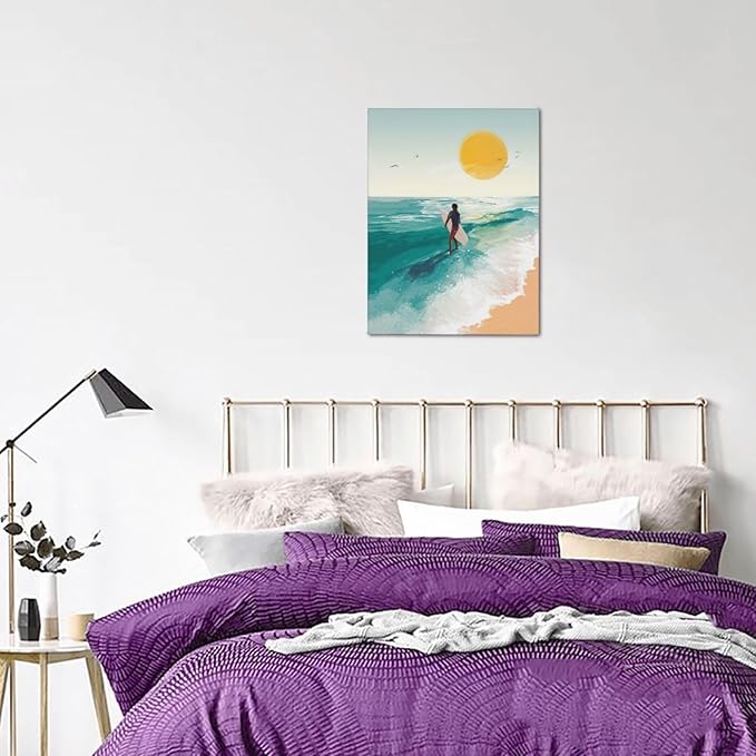 Beach Surfing Wall Art Ocean Coastal Wave Canvas Wall Decor Summer Nature Seascape Pictures Painting Print Framed Artwork Decorations for Bathroom Living Room Office Bedroom 12"x16"