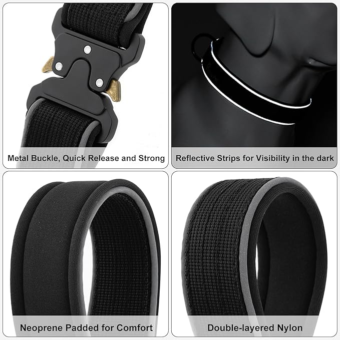 Plutus Pet Tactical Dog Collar, Reflective, Adjustable Heavy Duty Dog Collar, Soft Padded and Comfortable, for Small Medium and Large Dogs (Black, L)