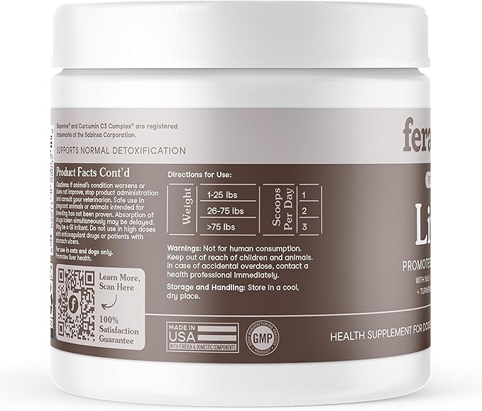 Fera Pets Liver Supplement for Dogs & Cats with Milk Thistle, Choline & Turmeric - Organic Botanicals - Enhances Liver Function, Immunity, Detoxification, & Metabolic Function - Powder - 60 Scoops