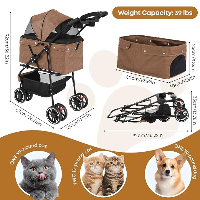 Pet Stroller,Dog Stroller for Small Medium Dogs Cats,3 Wheels,Foldable,with Breathable Mesh Canopy,Cup Holders,Easy Assembly,Deep Brown