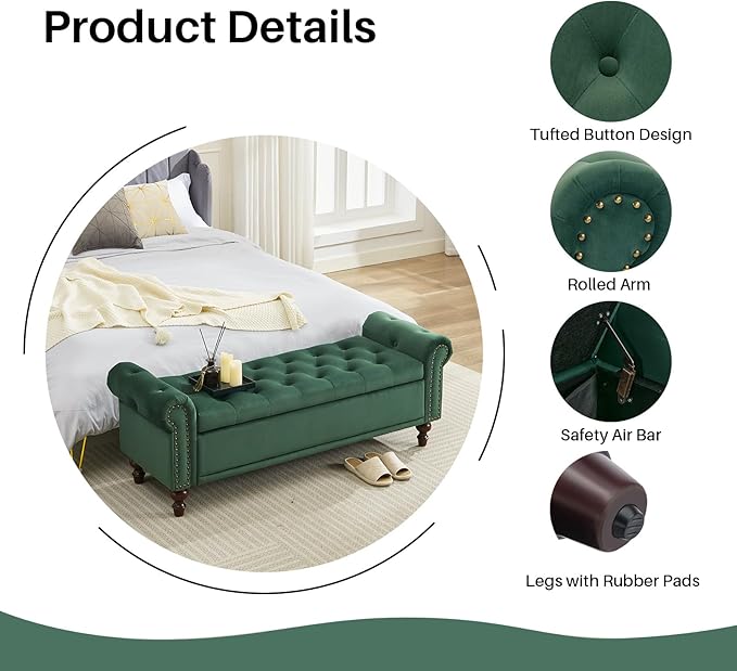 58.1'' Storage Bench Upholstered Velvet End of Bedroom Bed Bench Ottoman with Tufted Cushioned Rolled Arm Large Storage Space for Reading Living Room Entryway,Dark Green