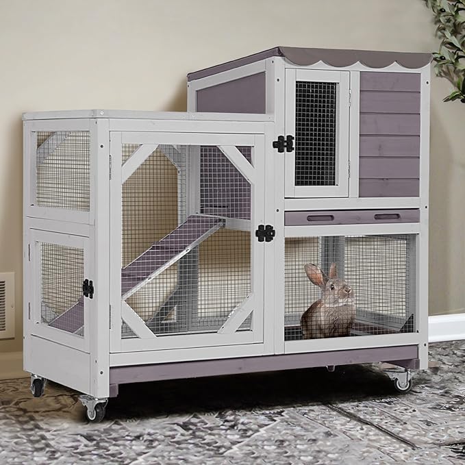 GUTINNEEN 2-Story Rabbit Hutch Indoor with Chew-Proof Design & Slide-Out Trays - Wooden Small Animal Cage Guinea Pig Cages with Lockable Wheels for 2-3 Rabbits, Bunnies, Guinea Pigs (Grey)