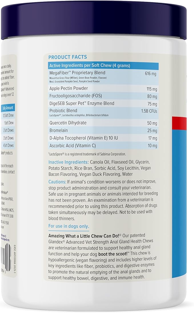 Vetnique Glandex Anal Gland Soft Chew Treats with Pumpkin for Dogs Digestive Enzymes, Probiotics Fiber Supplement for Dogs Boot The Scoot (Advanced Strength Duck/Bacon Chews (Vegetarian), 120 Ct)