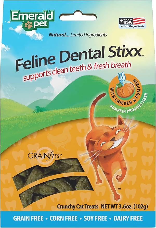 Emerald Pet Feline Dental Stixx — Tasty and Crunchy Cat Dental Sticks with Pumpkin for Digestive Health — Natural Grain Free Dental Treats for Clean Cat Teeth and Fresh Breath — Chicken Stixx, 3.6 oz