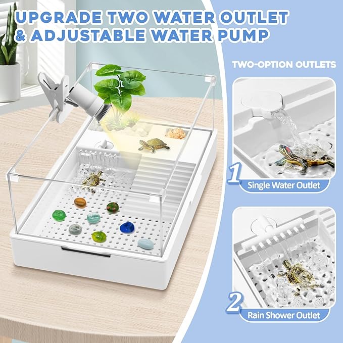 GOZILLA Large Turtle Tank Kit+Water Pump+Lamp, Acrylic Turtle Tank Starter Kit with Adjustable 5W Water Pump and Timing/Dimming Lamp, Multi-Functional Area for Small/Medium Turtles(Large-White Kit).