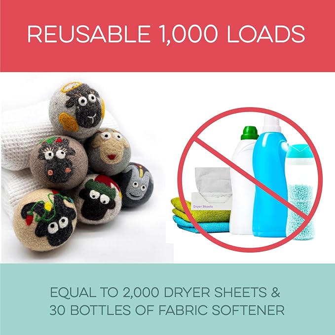 Fluff Ewes Wool Dryer Balls 6 Pack Premium New Zealand Wool Laundry Balls for Dryer, No Static Dryer Balls Laundry Reusable, XL Christmas Dryer Balls, Holiday Dryer Balls - Sheep in Heavenly Peace