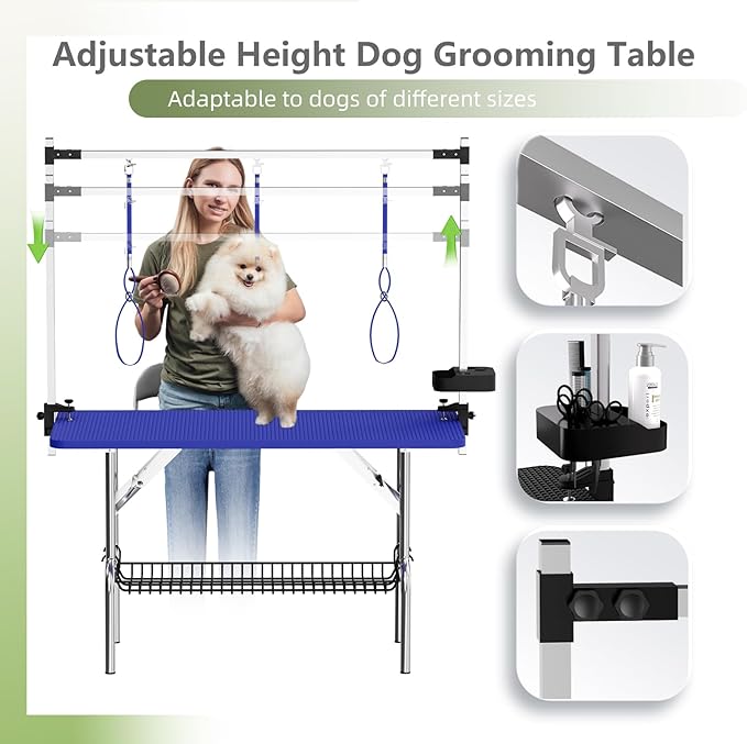 VFK 47'' Large Dog Grooming Table Stainless Steel Foldable Grooming Table for Dogs at Home Adjustable Height Arms Pet Station with Nooses, Mesh Tray, Tool Organizer