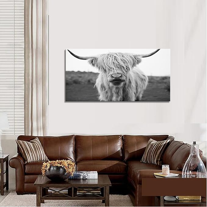 XXMWallArt FC3650 Highland Cow Canvas Art - Black and White Animal Wall Art for Living Room, Bedroom, Office Decor