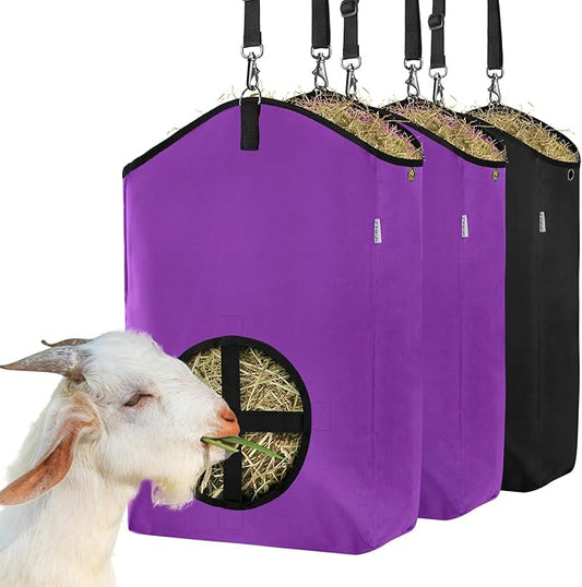 3 Packs Goat Hay Feeder,Hay Bags for Goats,Horses,Sheep,Premium 600D Oxford Cloth,with Metal Fastener and Adjustable Open Feed Hole for Slow Feeding. (2Purple + 1Black)