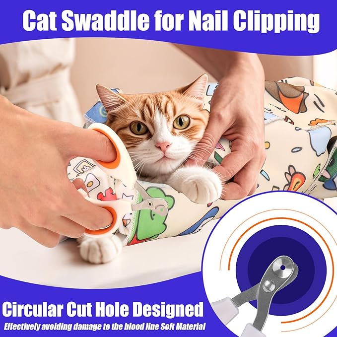 XANGNIER Cat Grooming Wrap with Cat Nail Clippers -Self-Adhesive Cat Swaddle for Nail Clipping, Anti-Scratch & Anti-Escape Cat Restraint for Calm, Safe & Easy Nail Trimming