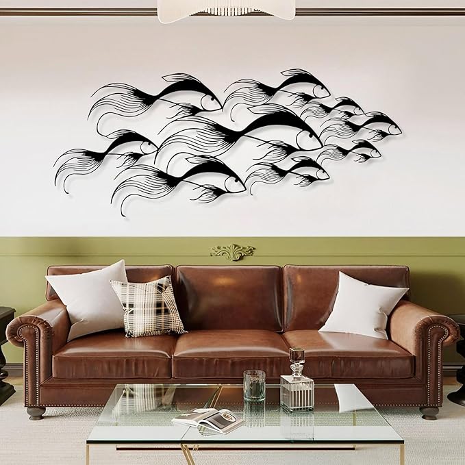 School of Fish Metal Wall Art, Metal Fish Wall Decor, Sea Life Wall Art, Large Nautical Wall Hanging, Modern Beach House Wall Decor, Ocean Themed Artwork for Bathroom (White, 41"x18" | 105x45cm)