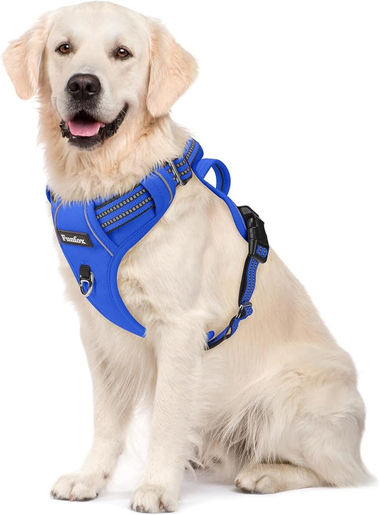 Funfox Dog Harness No Pull, Adjustable Pet Vest Harness, Super Soft Material with Vertical Handle Easy Control, Reflective Night Walking, 2 Leash Clips for Large Dogs, Blue, L
