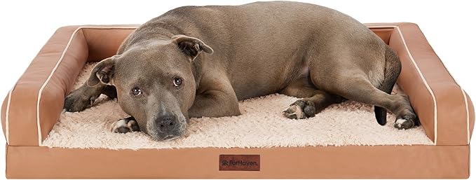 FurHaven Orthopedic Dog Sofa Bed – Memory Foam Couch with Bolsters, Textured Plush & Water-Resistant Cover, Washable Cover, Joint Support - Camel, Large