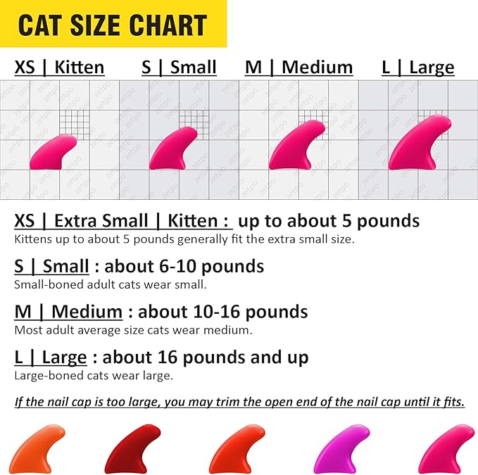 zetpo 100 pcs Cat Nail Caps | Cat Claw Covers | with Adhesives and Applicators (L, Orange, Red, Neon Red, Bright Pink, Rose)