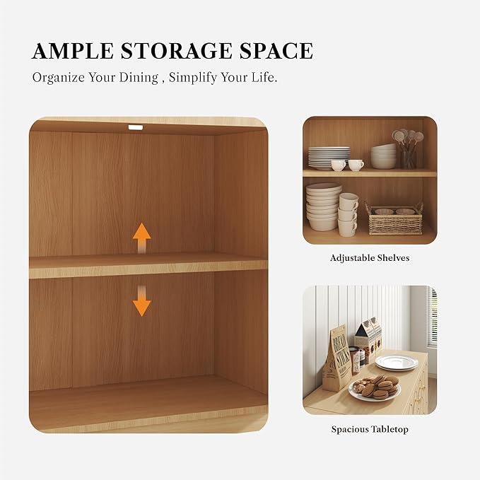 Farmhouse Storage Cabinet, Modern Buffet Sideboard with Doors, Fish Scale Pattern, Boho Cabinet for Dining Room, Natural, 2 Pieces