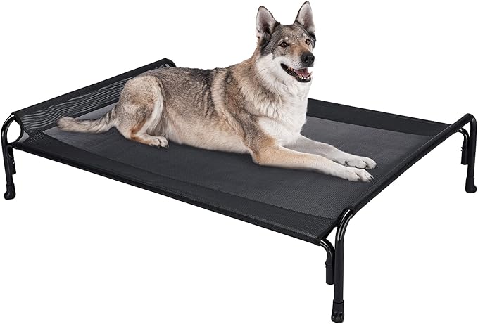Veehoo Outdoor Elevated Dog Bed, Raised Dog Cot for Large Dogs, Cooling Washable Waterproof Pet Hammock Beds with Slope Headrest, Breathable Mesh and Sturdy Frame, Large, Black, CWC2204