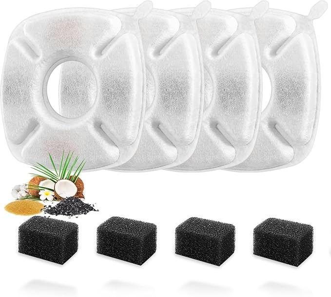 8 Pcs Cat Fountain Replacement Filters 4 Pack Cat Water Fountain Replacement Filters with 4 Pack Pre-Filter Sponges, Pet Fountain Filter Fit for 95oz/2.8L Automatic Pet Fountain Cat Water Fountain
