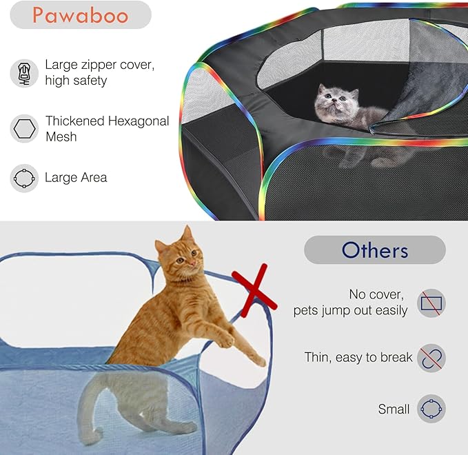 Pawaboo Small Animals Playpen, Waterproof Small Pet Cage Tent with Zippered Cover, Portable Outdoor Yard Fence with 3 Metal Rod for Chick/Kitten/Puppy/Guinea Pig/Rabbits/Hamster, Black + Rainbow
