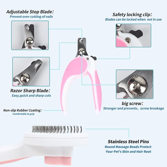 2PCS Pet Grooming Kit, Cat Brushes & Cat Nail Clipper, Cat Grooming Brush for Sedding and Grooming Fur (Pink）