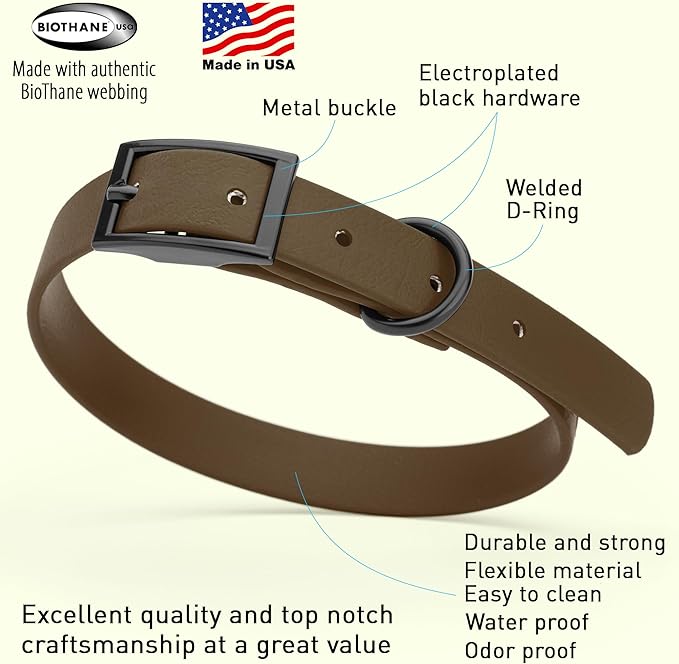 Dogline Biothane Waterproof Dog Collar Strong Coated Nylon Webbing with Black Hardware Odor- Proof for Easy Care Easy to Clean High Performance Fits Small Medium or Large Dogs, Dark Chocolate Brown