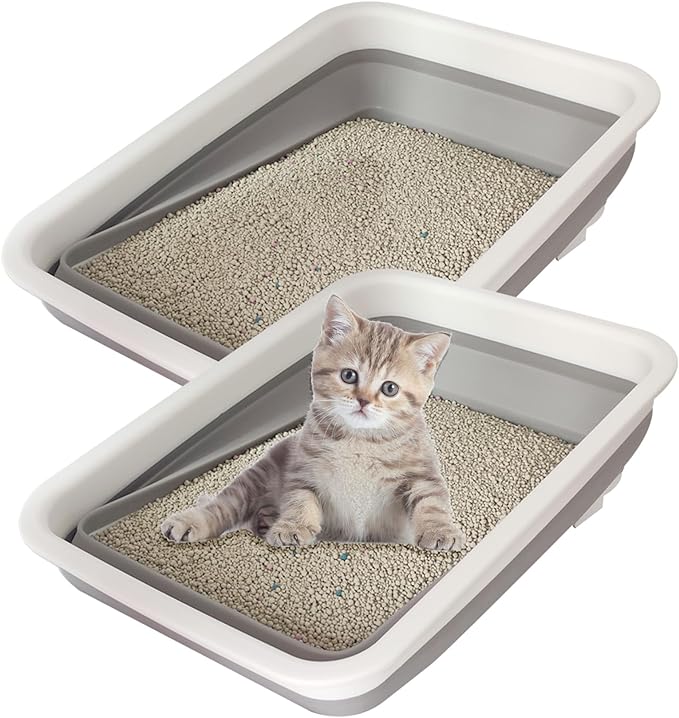 2 Pack Collapsible Small Cat Litter Box, Open Kitten Litter Potty Pan Low Entry Pet Kitty Toilet Foldable Waterproof Travel Toilet for Sick Frail Kitty 14.6 x 10.6 x 4.8 inches Grey