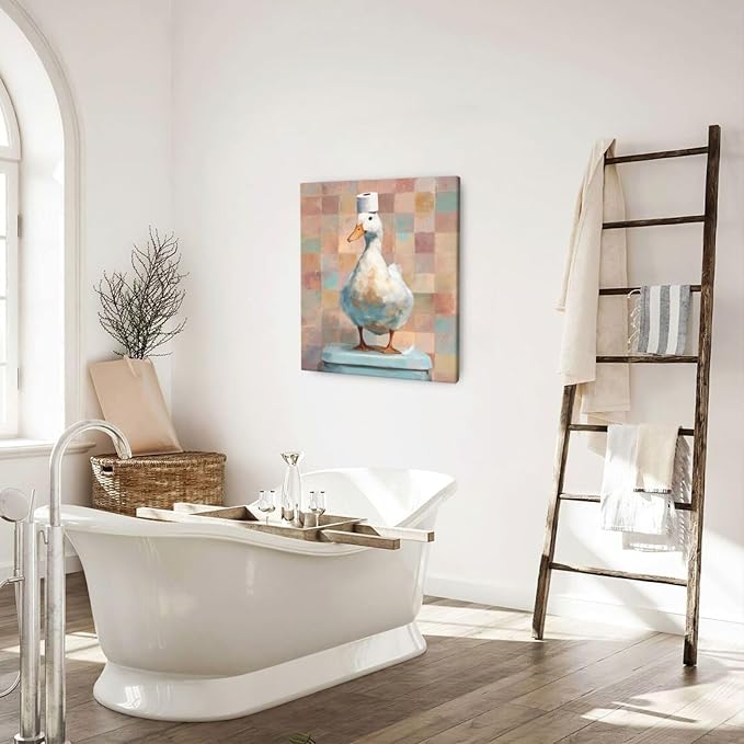 Funny Duck Bathroom Wall Art Cute Duck on Toilet Canvas Wall Decor Funny Quirky Farm Animal Pictures Painting Print Framed Artwork Decorations Gifts for Bathroom 20"x24"