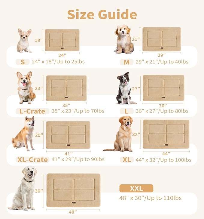 Made4Pets Dog Crate Pad Bed for Large Dogs, Washable & Reversible, Anti-Slip Kennel Mat for Cozy Sleeping, Soft Fluffy Dog Bed for Indoor & Outdoor Use, 36"x27", Khaki