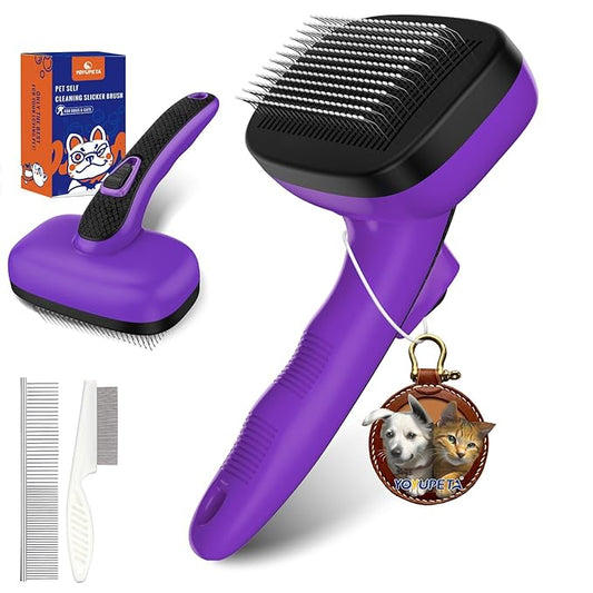 3 PCS Dog Grooming Brush Kit – Self Cleaning Slicker Brush for Shedding Short & Long Haired Dogs & Cats. Removes Loose Fur, Undercoat, Mats, Tangles for Small, Medium & Large Pets. Purple