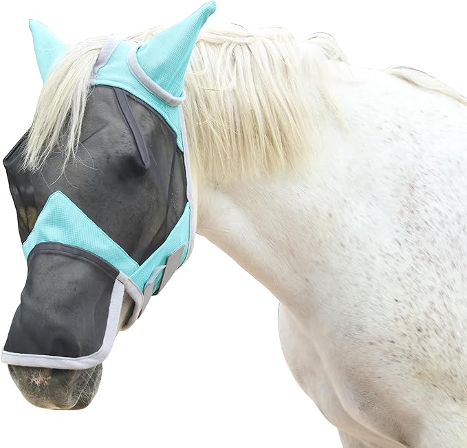 Horse Fly Mask with Ears & Long Nose Cover | Forelock Opening for Tangle-Free Mane Care | UV Protection & Breathable Mesh | No Rub Fit and Enhanced Visbility for Trail Riding Turquoise Pony