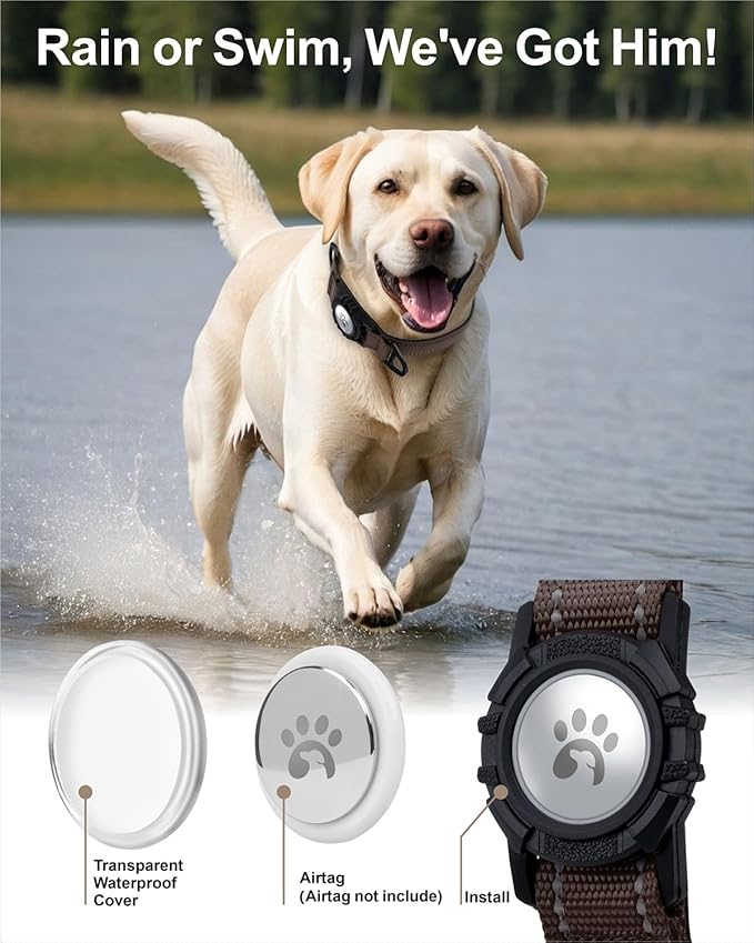 TagME Airtag Dog Collar,Waterproof Reflective Pet Collar with Airtag Holder,Soft Padded and Double D-Rings for Large Dogs,Brown